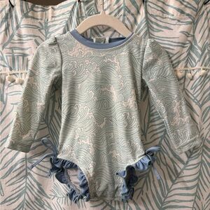 Long Sleeve Rash Guard Swim Suit with Wave Pattern and Ruffle Butt